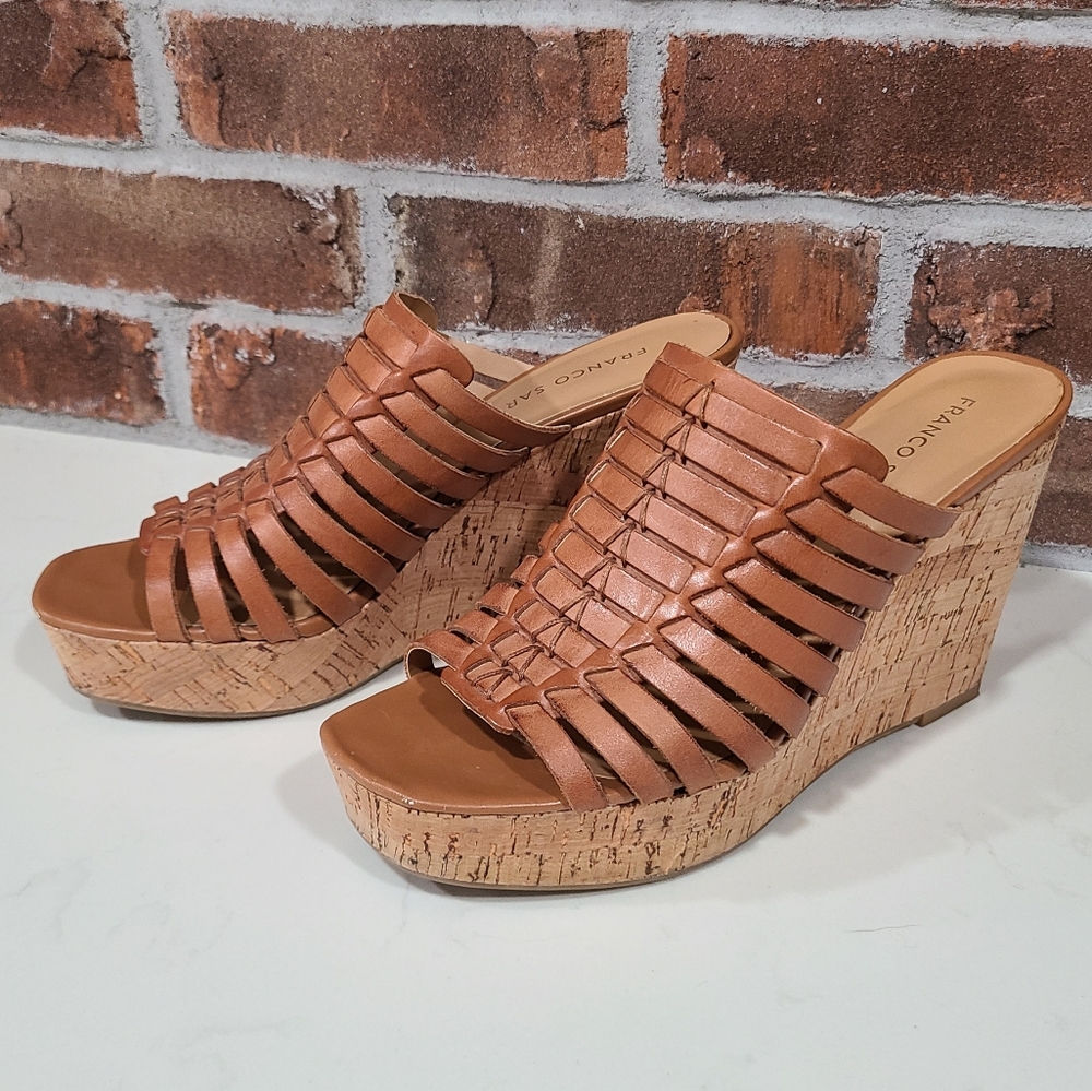 Franco Sarto Leather Open Toe Brown Cork Wedges Size 7.5